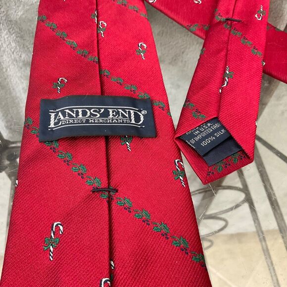 Vtg.  Lands End Silk Repp Tie Direct Merchants Candy Canes Red Hand Sewn USA 56” - Picture 3 of 9